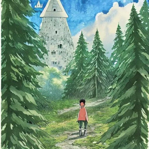 Image similar to laputa castle in the sky robot hayao miyazaki walks in a small clearing among trees, watercolor illustration for a book