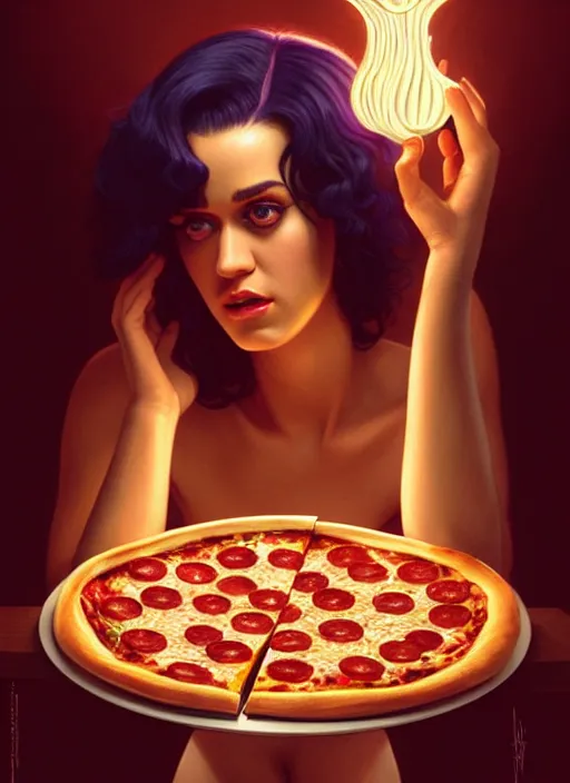 Image similar to portrait of katy perry eating pizza, intricate, elegant, glowing lights, highly detailed, digital painting, artstation, concept art, smooth, sharp focus, illustration, art by wlop, mars ravelo and greg rutkowski