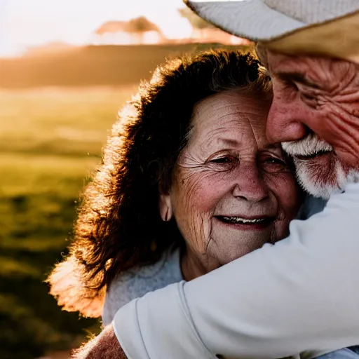 Prompt: a beautiful portrait photo of an older couple in love, beautiful detailed eyes, emotional, faded rainbow, golden hour in pismo California, outdoors, professional award winning portrait photography, Zeiss 150mm f/2.8