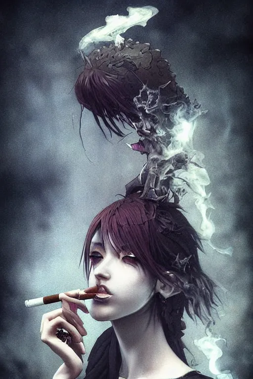 Image similar to Gothic girl smoking a cigarette, dark background. digital art. amazing quality. perfect lighting. Professional design. Great composition. by Ayami Kojima and Tomoyuki Yamasaki and Tsutomu Nihei, octane render, award winning art. impressive colors. trending on artstation. Brian Froud style