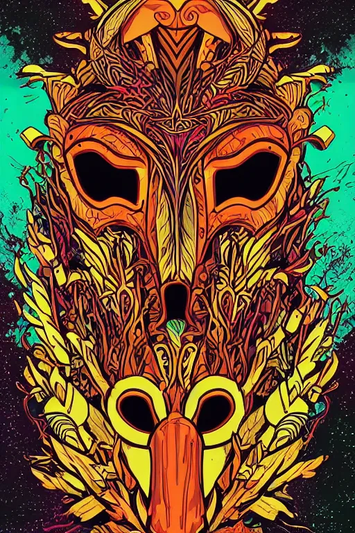 Image similar to animal mask totem roots flower tribal feather gemstone plant wood rock shaman vodoo video game vector cutout illustration vivid multicolor borderlands comics by josan gonzales and dan mumford radiating a glowing aura