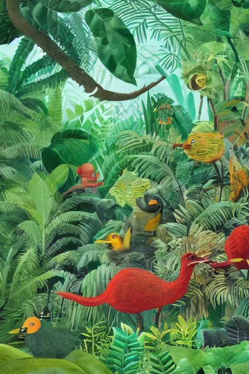 Prompt: rare bird in the jungle, hyper detailed, unreal engine render concept art, glitch, smudged paint, dark green, style of henri rousseau and richard scarry and hiroshi yoshida