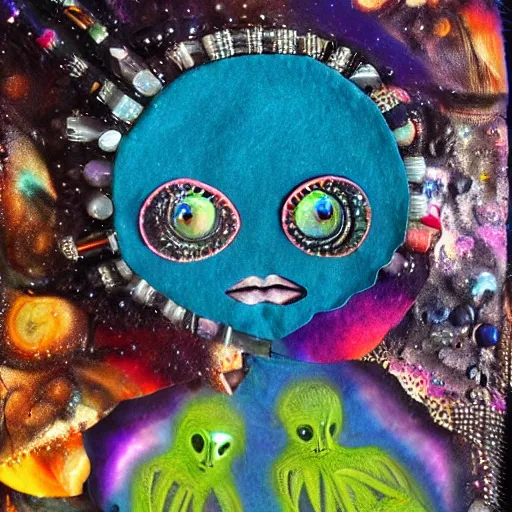 Image similar to alien with jewels for eyes, on exotic dreamy planet, highly detailed, felt, mixed media collage