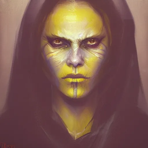 Image similar to portrait of a woman by greg rutkowski, a woman with yellow skin, black lips wearing black robes and a hodd, evil energy, star wars expanded universe, she is about 6 0 years old, highly detailed portrait, digital painting, artstation, concept art, smooth, sharp foccus ilustration, artstation hq