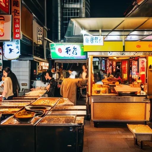 Image similar to very appetizing Japanese street food, food photography, street lights, 8k UHD