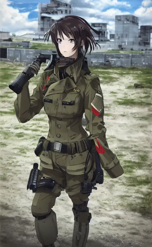 Prompt: portrait of a female soldier, highly detailed, high resolution, military camp in the background, anime style, stunning, girls frontline style, bokeh soft, 3d rendering, guilty gear strive graphics, 100mm, trending on instagram, by professional photographer, realistic human anatomy, realistic military carrier, modern warfare, realistic weapon, shot with a arriflex 35 ii, low saturation, small eyes