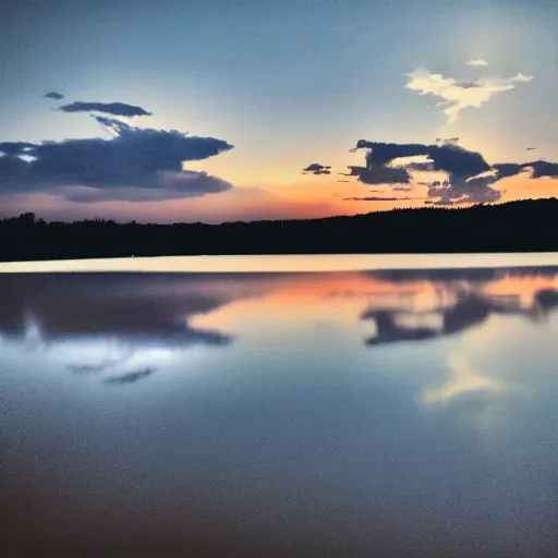 Prompt: shadow of jesus at mountain lake at night still water purple clouds