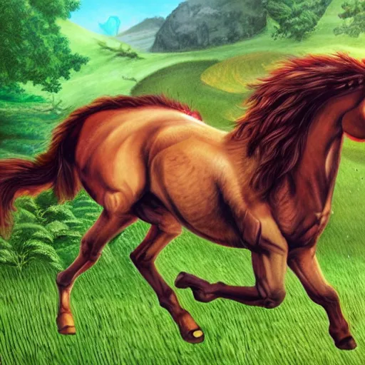 Image similar to brown centaur running through lush green fields, fantasy art