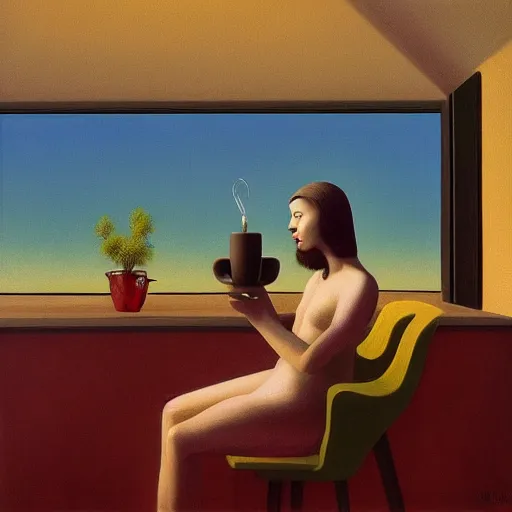 Image similar to Jesus Christ drinking coffee at a Starbucks, Masterpiece, Edward Hopper and James Gilleard, Zdzislaw Beksinski, Mark Ryden, Wolfgang Lettl, hints of Yayoi Kasuma, octane render, 8k.