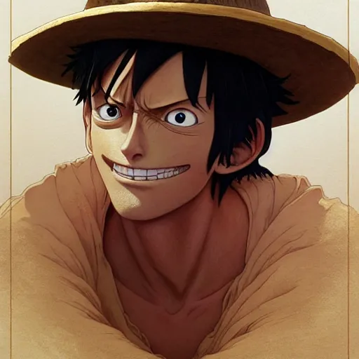 Image similar to highly detailed vfx portrait of monkey d. luffy, stephen bliss, greg rutkowski, loish, rhads, beeple, makoto shinkai, tom bagshaw, alphonse mucha, global illumination, sharp focus, art by artgerm and greg rutkowski, stanley kubrick, best of behance, cinematic lighting