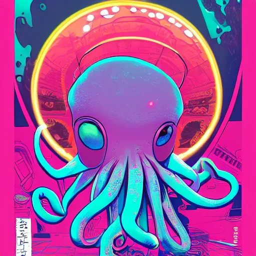 Image similar to an neon coloured adorable super cute baby octopus by feng zhu and loish and laurie greasley, victo ngai, andreas rocha, john harris