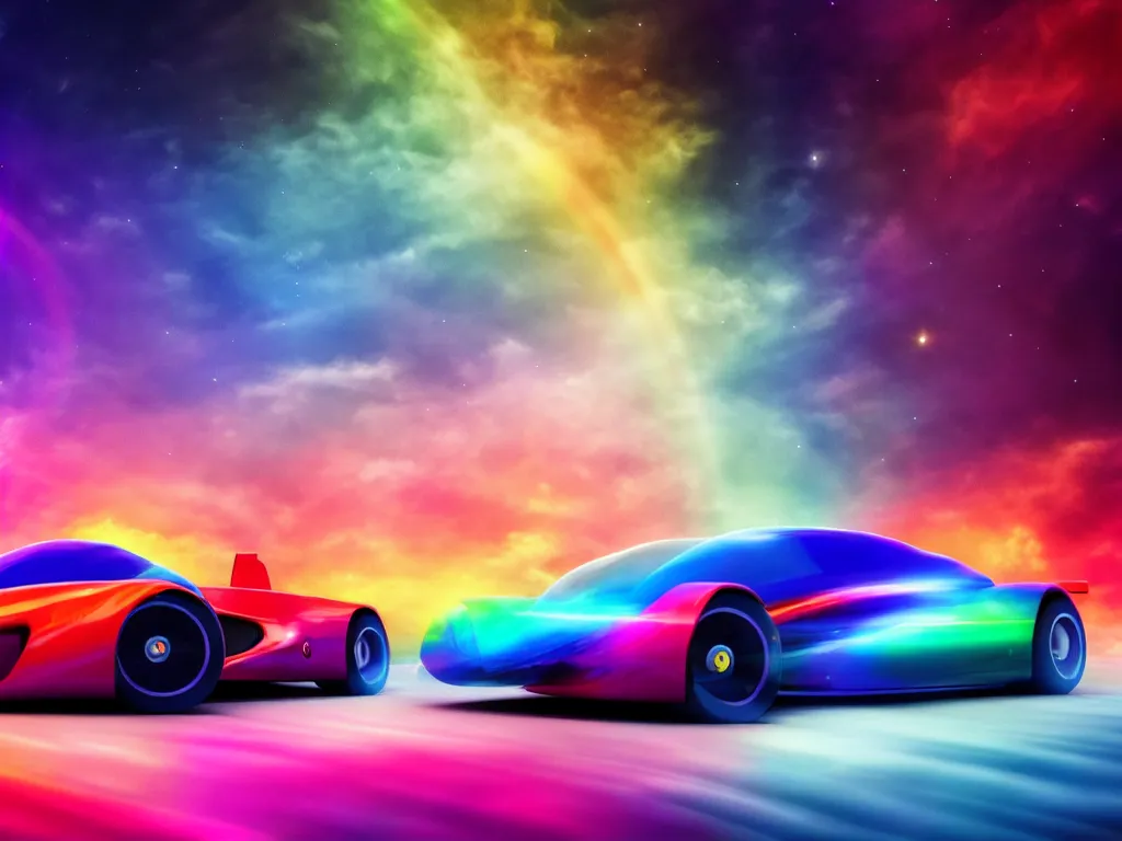 Image similar to f - 1 car driving on a road made out of a rainbow in space, digital art, high detail, 4 k, trending on artstation, great composition