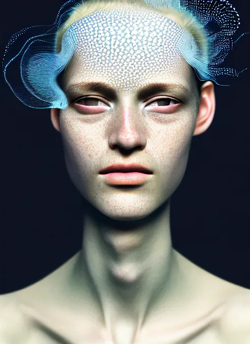 Prompt: Kodak Portra 400, highly detailed, britt marling style 3/4 , fine art portrait photography by Paolo Roversi, face and body merging with luminescent jellyfishes filaments, symbolic metamorphosis complex 3d render , 150 mm lens, bust with intricate filaments details, elegant, hyper realistic, ultra detailed, octane render, underwater soft colours, emotionally evoking, head in focus, fantasy, elegant, soft light, volumetric lighting, highly detailed, 8K, soft light, volumetric lighting, Refined, Highly Detailed, soft lighting colors scheme, fine art photography, Hyper realistic, photo realistic
