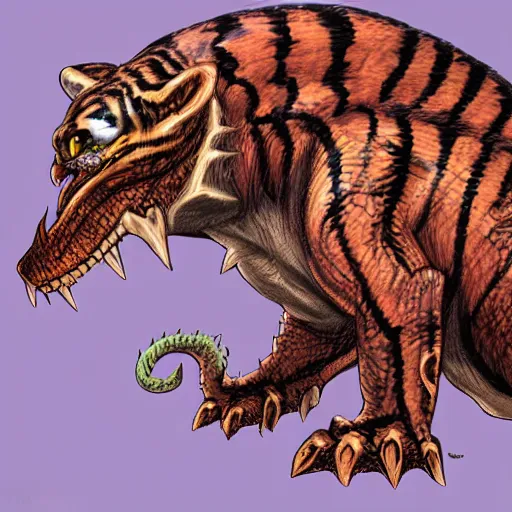 Prompt: violet crocodile tiger hybrid monster, fantasy game art, fantasy rpg, league of legends