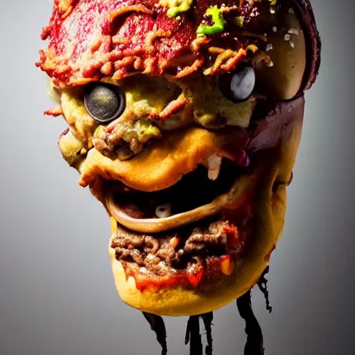 Image similar to a humanoid bipedal upright zombie that strongly resembles a hamburger, professional food photography