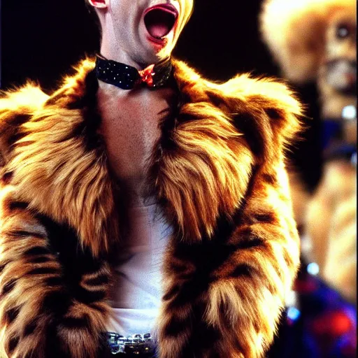 Image similar to 📷 john partridge playing rum tum tugger, spike collar, fluffy neck, cats the musical 🎶, 1 9 9 8 version, professional cat - like makeup, stunning choreography and lighting