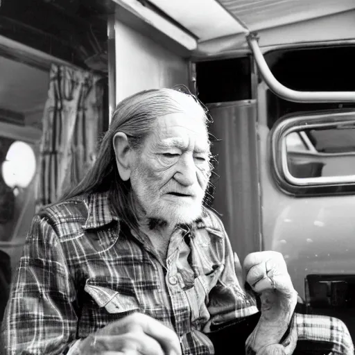 Image similar to willie nelson having a smoke in his trailer.