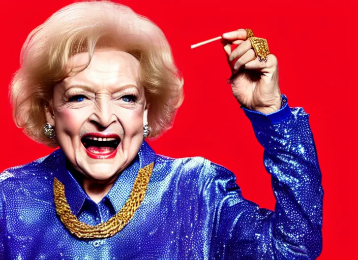 Image similar to publicity photo still of betty white as a gangsta rapper covered in gold chains, with grills in teeth and wearing a jumpsuit live on stage, 8 k, live concert lighting, mid shot