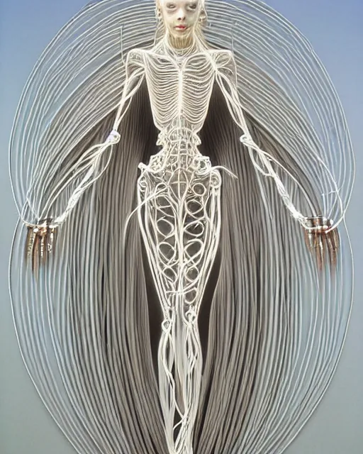Prompt: Ethereal Enigma Being of light angelic humanoid cyberpunk cyborg with wire carved out of ivory by alex grey