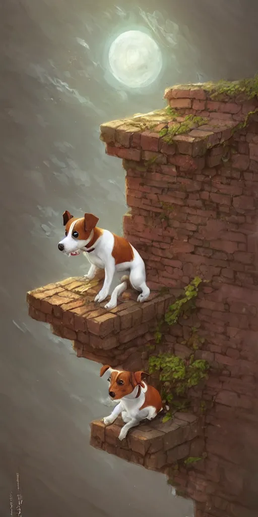 Image similar to adorable jack russel terrier floating over a brick wall, fantasy art, artstation character design contest winner, trending on cgsociety, concept art, speedpaint, beautiful digital art, jesper ejsing, james jean, justin gerard, fenghua zhong, makoto shinkai, highly detailed