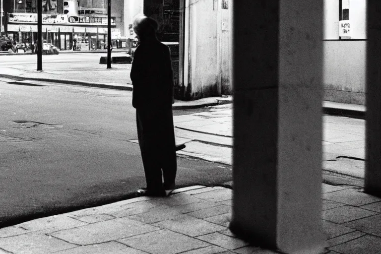 Image similar to street photography, light and shadow effects, golden time, loneliness, quiet, freezing, by matt stuart, elliot erwitt, stephen shore, william eggleston, junku nishimura.