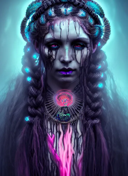 Prompt: goddess of death, braids, decaying face, neon hair, intricate illuminated jewellery, digital painting, surrealism, extreme detail, cinematic lighting, trending on artstation, by hans zatzka