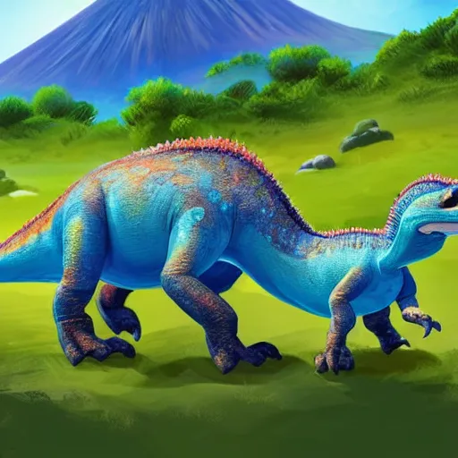 Image similar to cute dinosaurs walking around a field with a volcano in the background, concept art, illustrated, highly detailed, high quality, bright colors, optimistic,