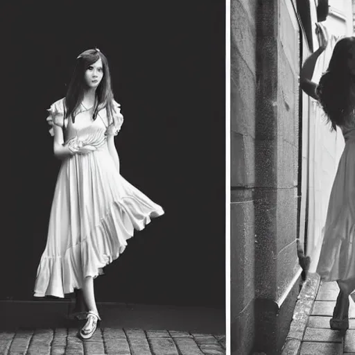 Prompt: detailed mid - shot portrait of a beautiful young 2 0 - year - old woman in a flowy drapey dress in a city street, posed in a three - quarter angle, shot from a super low angle, with multiple large softboxes for dramatic lighting, shot with a hasselblad x 1 d and a wide angle zeiss lens, award - winning fashion magazine photo