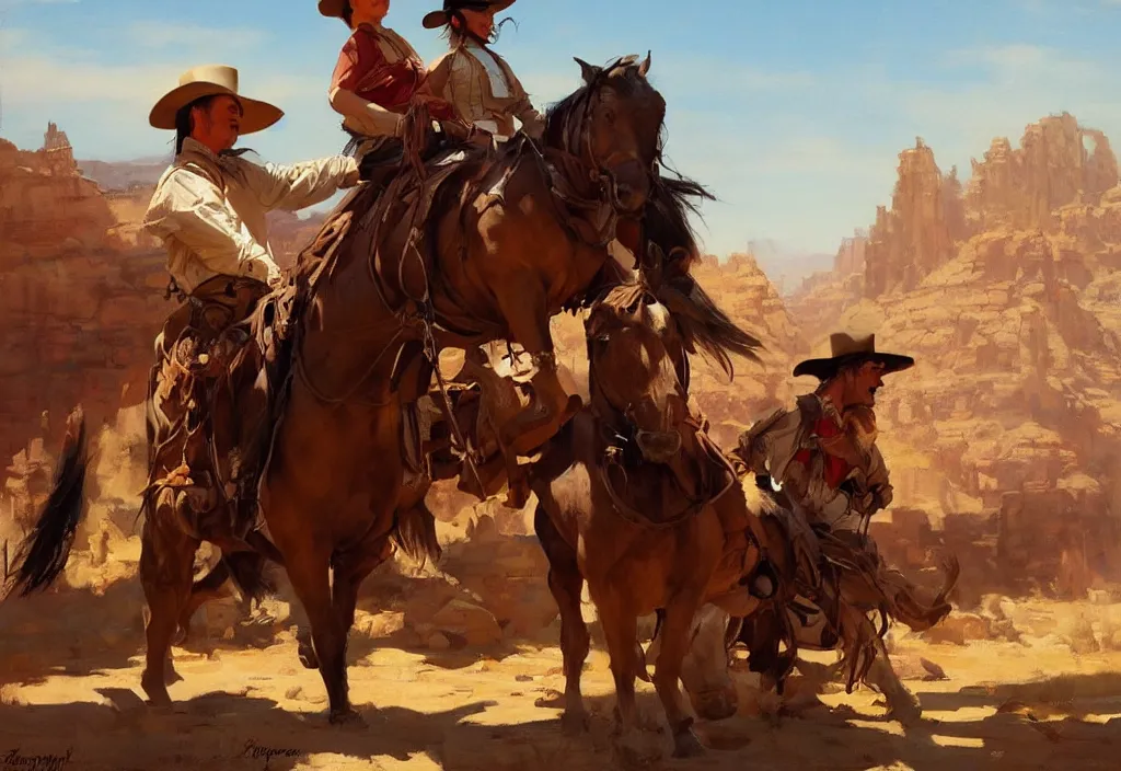Prompt: greg manchess painting of wild west scenery in the year 1 8 5 0, painting, trending on artstation, by huang guangjian and gil elvgren and sachin teng