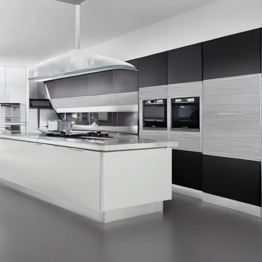 Prompt: a modern kitchen made in 2 0 9 9 futuristic ergonomic