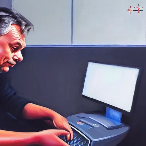 Image similar to viktor orban programming a computer in a cubicle, oil painting