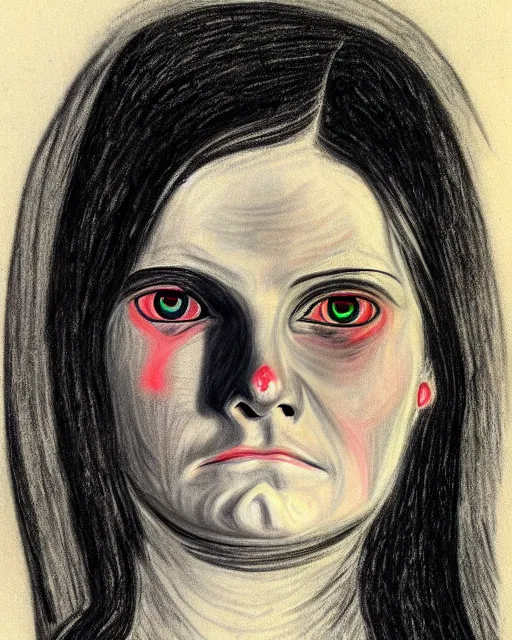 Image similar to scary portrait of a young female with glowing eyes, drawing by Edvard Munch