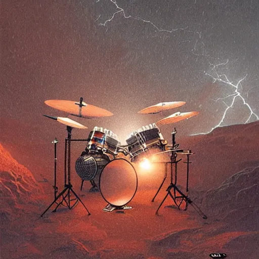 Image similar to UHD closeup of a Photorealistic Robot playing Drums during a wicked lightning storm on Mars, with a cool pose, by Antonio Caparo and Ferdinand Knab and Greg Rutkowski, UHD, photorealistic, trending on artstation, trending on deviantart