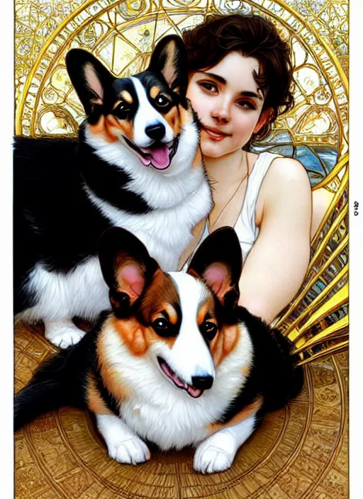 Image similar to a corgi and a tuxedo cat cuddling, shiny, fantasy, intricate, elegant, hyper detailed, ultra definition, photoreal, artstation, unreal engine rendered, concept art, smooth, sharp focus, illustration, art by artgerm and greg rutkowski and alphonse mucha and garis edelweiss