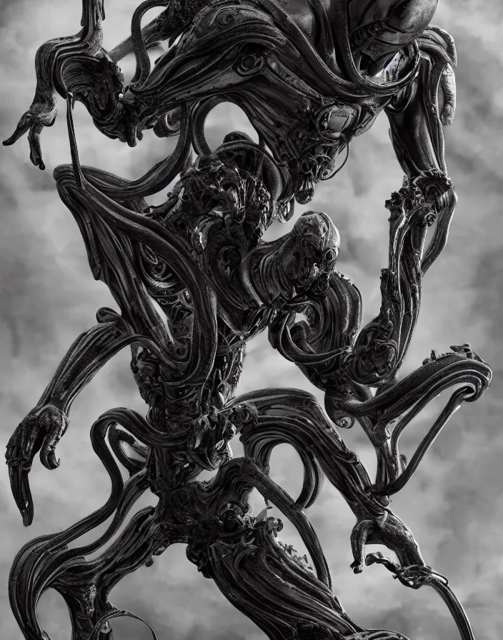 Image similar to engineer prometheus, xenomorph alien, highly detailed, symmetrical long head, smooth marble surfaces, detailed ink illustration, raiden metal gear, cinematic smooth stone, deep aesthetic, concept art, post process, 4k, carved marble texture and silk cloth, latex skin, highly ornate intricate details, prometheus, evil, moody lighting, hr geiger, hayao miyazaki, indsutrial Steampunk