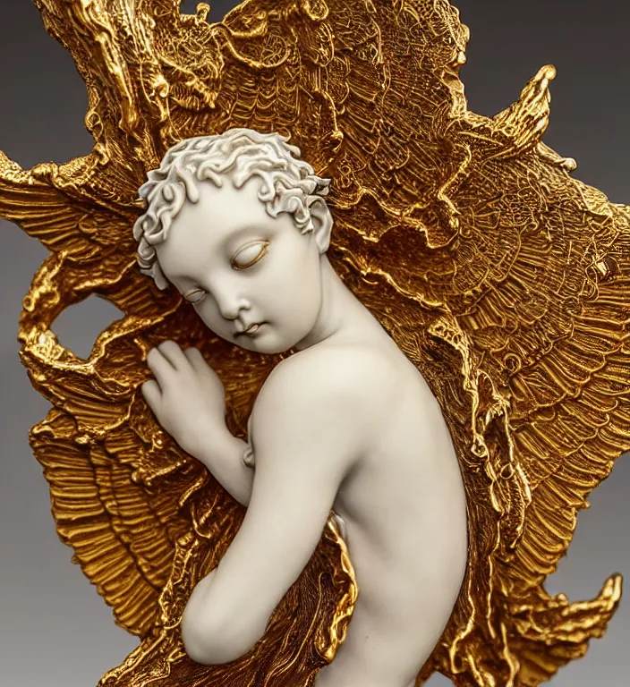 Image similar to gothic angel falling from heaven, A Close up photo-real delicate ceramic porcelain sculpture of a symmetrical ornate detailed in front of an intricate background by Victo Ngai and takato yamamoto, micro detail, backlit lighting, golden ratio, face in focus, subsurface scattering, translucent, art deco, octane renderer, colorful, physically based rendering, gold leaf mural