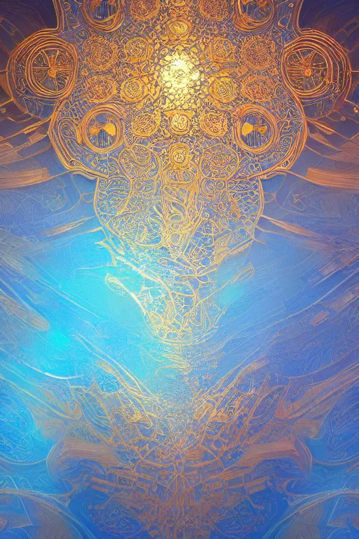 Image similar to floral and gear art deco abstract patterns, blue and gold, 8 k, powerfull, intricate, elegant, volumetric lighting, digital painting, highly detailed, artstation, sharp focus, illustration, concept art, ruan jia, steve mccurry, beksinski