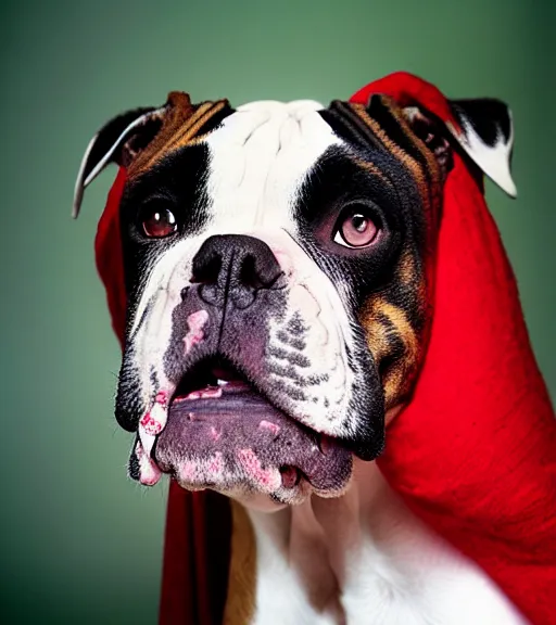 Image similar to portrait of american bulldog as afghan girl, green eyes and red scarf looking intently, photograph by steve mccurry