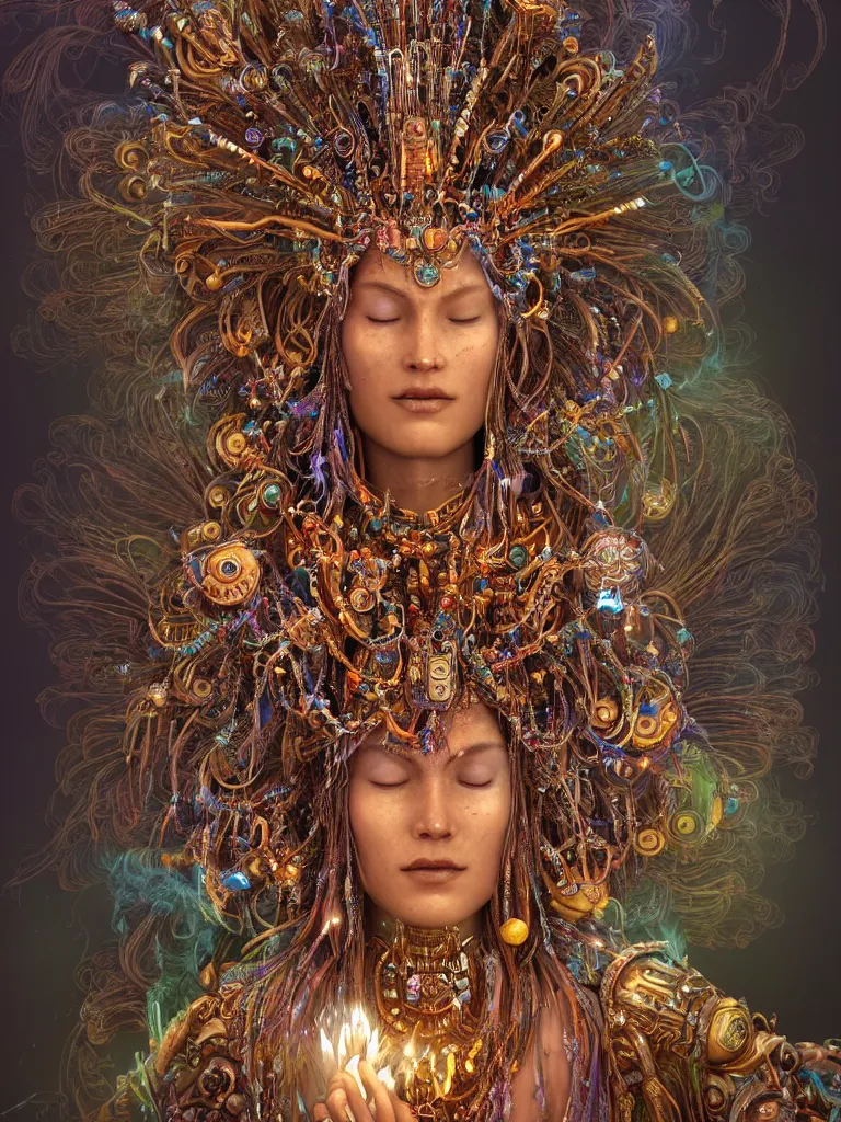 Image similar to an ancient mystical alluring tribal elder wearing an intricate head dress of feathers and jewels generating flowing energy and surrounded by wisps of incense smoke sits meditating in a cybernetic robot temple, face face face, by justin gerard and android jones, 3 d, cinema 4 d render, trending on artstation, 8 k