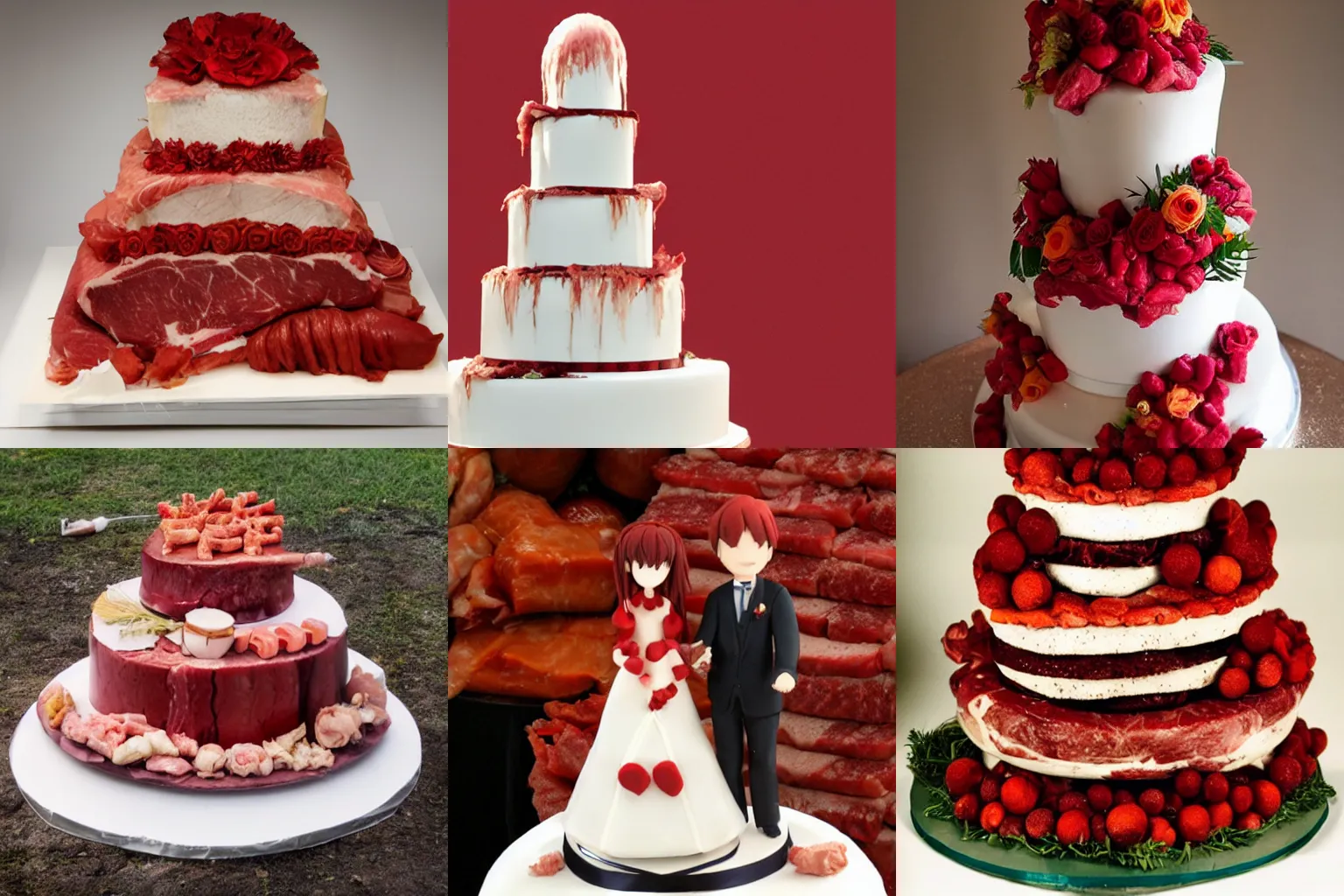 Prompt: a wedding cake, built out of flesh, meat, red, anime