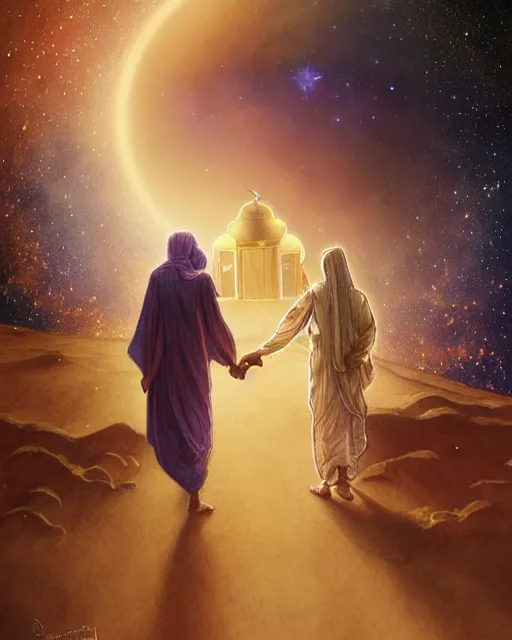 Image similar to bedouin man and woman and child in galaxy walking towards mosque surrounded by nebula, highly detailed, gold filigree, romantic storybook fantasy, soft cinematic lighting, award, disney concept art watercolor illustration by mandy jurgens and alphonse mucha and alena aenami, pastel color palette, featured on artstation