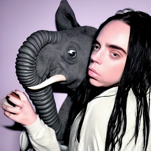 Image similar to billie eilish with elephant's trunk in her face