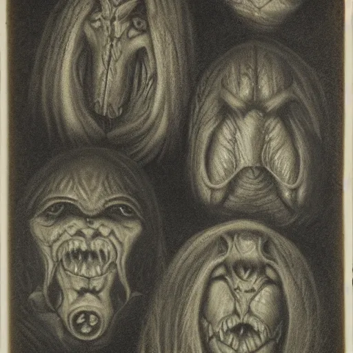 Image similar to portrait mezzotint of a group of mythical monsters and beasts in a squishy style