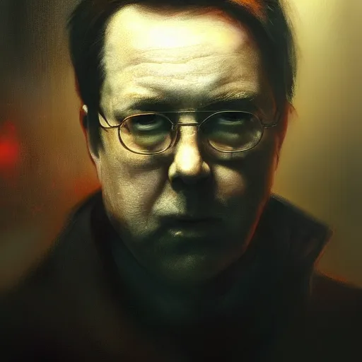 Image similar to closeup portrait of bill hicks, dramatic lighting, city background, chiaroscuro, high detail, painted by greg rutkowski, painted by igor kieryluk, painted by bobby chiu, trending on artstation