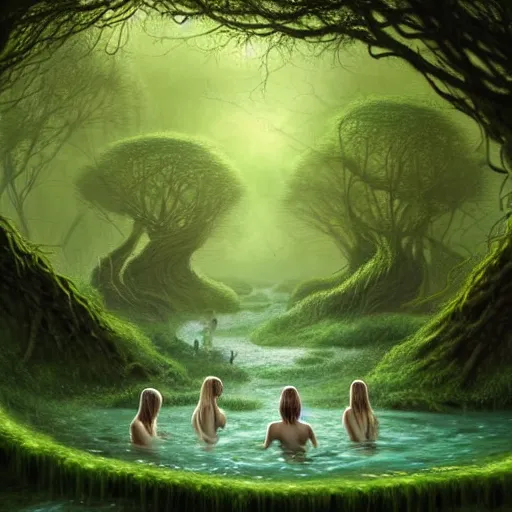 Prompt: beautiful digital fantasy illustration of A woody green field with a stream running through it, with a group of dryad women standing in the water. They seem to be preparing to submerge themselves in the cool, clear waters of the stream. a creepy creature standing in front of a mirror!, concept art by Alex Horley-Orlandelli!!, cgsociety contest winner!!!, cgsociety, fantasy art, highly detailed, soft lighting, rendered in octane, masterpiece, very very very aesthetic