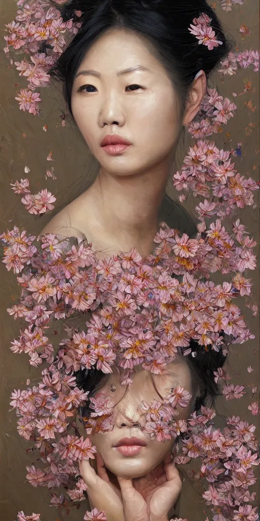 Image similar to very beautiful highly detailed and expressive oil painting of an asian woman's face dissolving into petals and flowers by james jean, masterpiece, dynamic lighting, intricate linework, 8 k, flowers