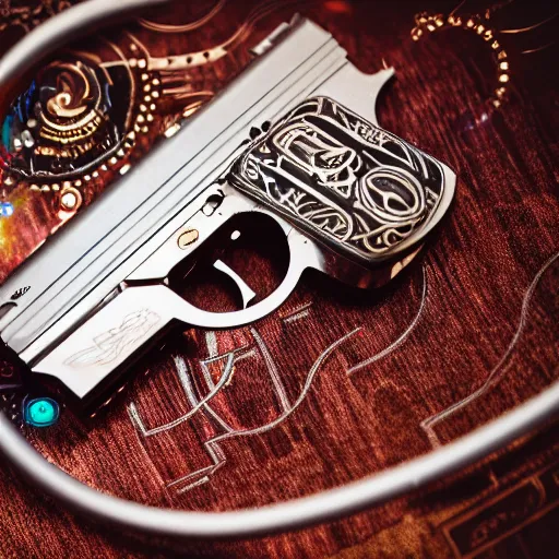 Prompt: a studio photograph of a high - tech intricate engraved laser pistol with exposed glowing circuits, magical elven technology, and stylized wooden and chrome inlays laying on a blanket, xf iq 4, 1 5 0 mp, 5 0 mm, adobe lightroom, photolab, affinity photo, photodirector