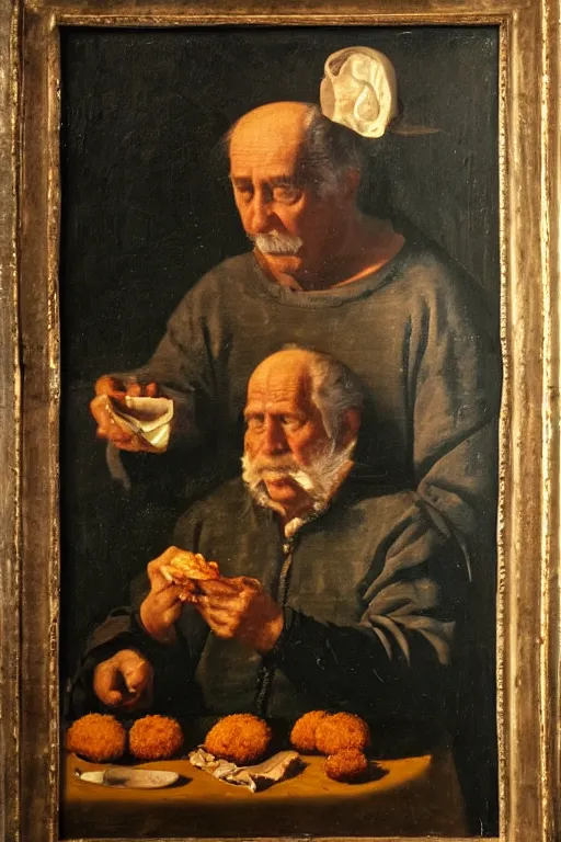 Prompt: mi grandfather eating croquettes, renaissance oil painting, dark environment