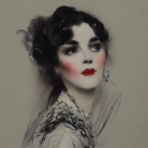 Prompt: a painting of a portrait of a woman by Louis Icart, highly detailed, masterpiece, trending on ArtStation, ultra realistic