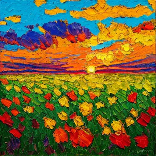 Image similar to a painting of a sunset over a field of flowers, an oil painting by erin hanson, deviantart, american impressionism, rich color palette, impressionism, fauvism